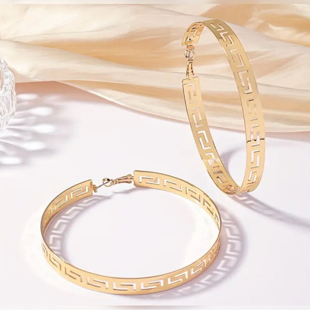 Gold Tone Big Hoop Earrings Versace-esque Greek Key Design - Picture 4 of 6